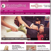 Bride and groom holding hands on wedding blog page.