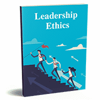 Book cover titled "Leadership Ethics" with animated hikers climbing.