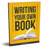 Book cover titled 'Writing Your Own Book' with open pages.