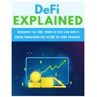 DeFi Explained poster with laptop and rising graph.