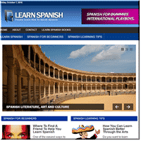 Website screenshot of "Learn Spanish" homepage featuring coliseum.