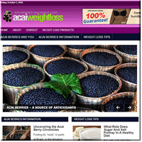 Baskets of acai berries and green leaf on website.