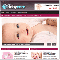 Baby smiling on a "Babycare" website homepage.