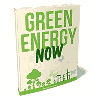 Book with 'Green Energy Now' text and eco-friendly symbols.