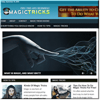 Magic tricks website screenshot with navigation menus.