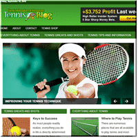 Tennis player swinging racket on blog homepage.