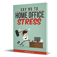Book cover, "Say No to Home Office Stress", cartoon style.