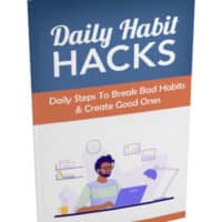 Self-help book cover: Daily Habit Hacks with man on laptop.