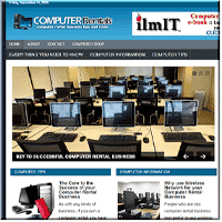 Computer rental company website homepage with classroom setup.