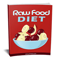 Raw Food Diet book with fruits in bowl illustration.