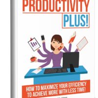 Book cover, "Productivity Plus," woman multitasking at desk.
