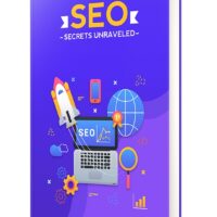 SEO guidebook cover with rocket, laptop, and symbols.