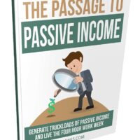 Book cover on passive income strategies with magnifying glass and plant.