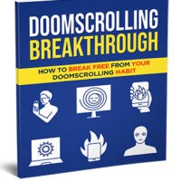 Book cover "Doomscrolling Breakthrough" with self-help icons.