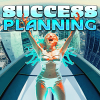 Woman celebrating success in city, book cover "Success Planning".