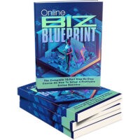 Stack of "Online Biz Blueprint" business course books.