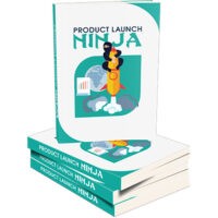 Stack of 'Product Launch Ninja' books with rocket graphics.