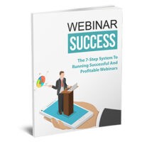 Book cover for 'Webinar Success' with speaker illustration.