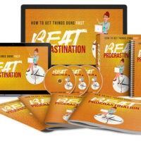 Assorted 'Beat Procrastination' self-help multimedia products displayed.