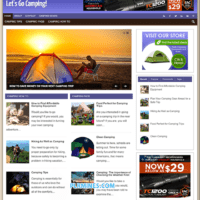 Camping website with sunset tent scene and navigation tabs.