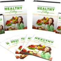 Healthy Eating promotional materials with smiling woman and fresh produce.