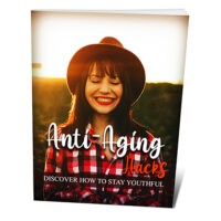 Book cover: "Anti-Aging Hacks" with joyful woman wearing hat.