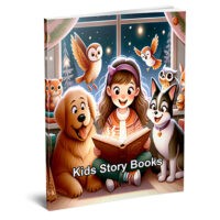 Child reading book with animals, magical night scene.