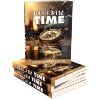 Stack of 'Reclaim Time' books with floating pocket watch.