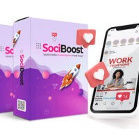 SociBoost marketing tool packages with smartphone app display.