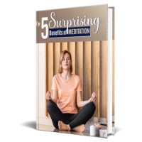 Woman meditating beside book titled "5 Surprising Benefits of Meditation.