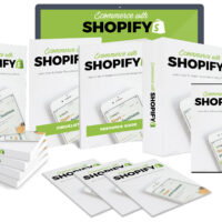 Shopify e-commerce educational books and digital devices display.
