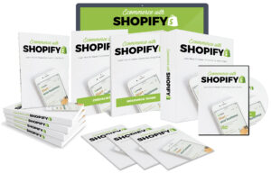 Shopify e-commerce educational books and digital devices display.