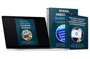 Laptop and books featuring email learning guides.