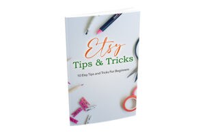 Etsy Tips & Tricks guidebook with craft supplies background.