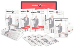 Leadership and influence training materials with business presentation images.