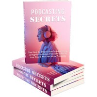Podcasting Secrets book cover featuring woman with headphones.