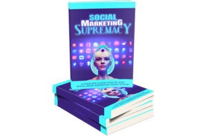 Book cover "Social Marketing Supremacy" with digital icons.