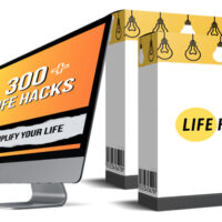 Computer and book cover featuring '300 Life Hacks' text.