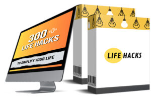 Computer and book cover featuring '300 Life Hacks' text.